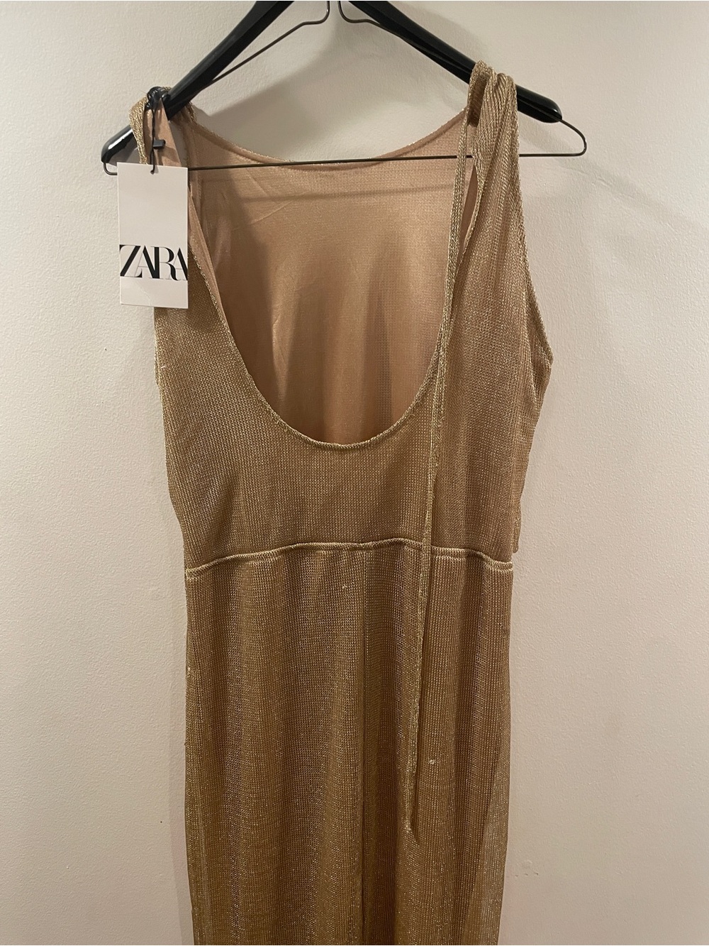 Zara Gold Metallic Knit Maxi Dress Open Back Sleeveless NWT Size Small